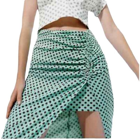 Zara Linen Polka Dot Skirt Midi Slit Ruched Brown Mini Pin Up Summer Rockabilly - Picture 2 of 10